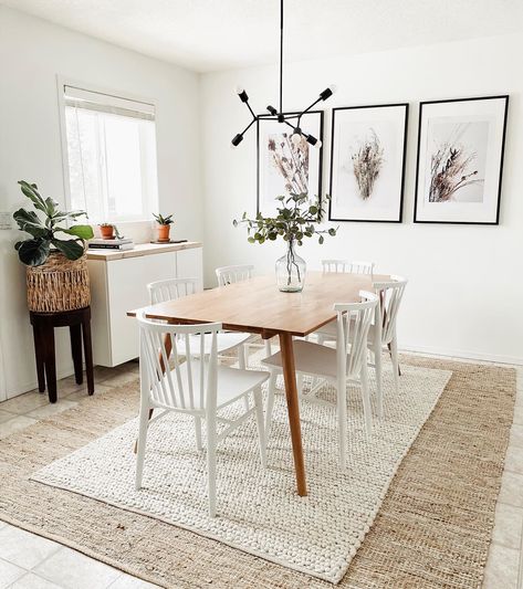 Dining Room Transformation, Tiny Dining Rooms, Jute Rug Living Room, Dining Table Makeover, Midcentury Modern Dining Table, White Chairs, Midcentury Modern Dining Chairs, Contemporary Mid Century, Contemporary Mid Century Modern