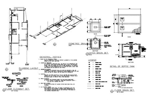 Four bedroom bungalow sanitary plumbing constructive structure details that includes a detailed view of floor clean out details, floor drainage details, details of septic tank, legends, catch basin details, isometric drawing details, general notes, plumbing layout details and much more of plumbing details. Surface Drainage, Catch Basin, Plumbing Layout, Electrical Cad, Underground Drainage, Bedroom Bungalow, Drawing Details, Isometric Drawing, Concrete Roof