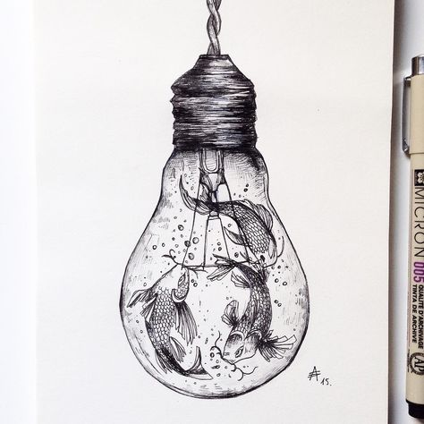 Koi - Nishikigoi, in a Light Bulb. The World of the Mind Expressed in Drawings. To see more art and information about Alfred Basha click the image. Alfred Basha, Illustration Kunst, Pen Illustration, Desenho Tattoo, Sketch Ideas, Art Et Illustration, Art And Illustration, Pen Art, Pen Drawing