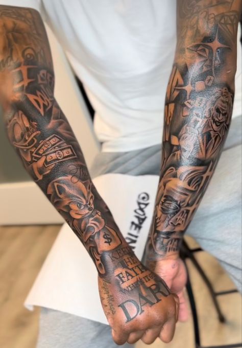 Time Sleeve Tattoo For Men, Top Quarter Sleeve Tattoo, Arm Sleeve Black Man, Dark Skin Tattoo Men Forearm, Rare Tattoos Men Hand, Hood Sleeve Tattoos For Guys, Black Men Arm Tattoos Sleeve, Hood Arm Tattoos Men, Best Sleeve Tattoos Men Black