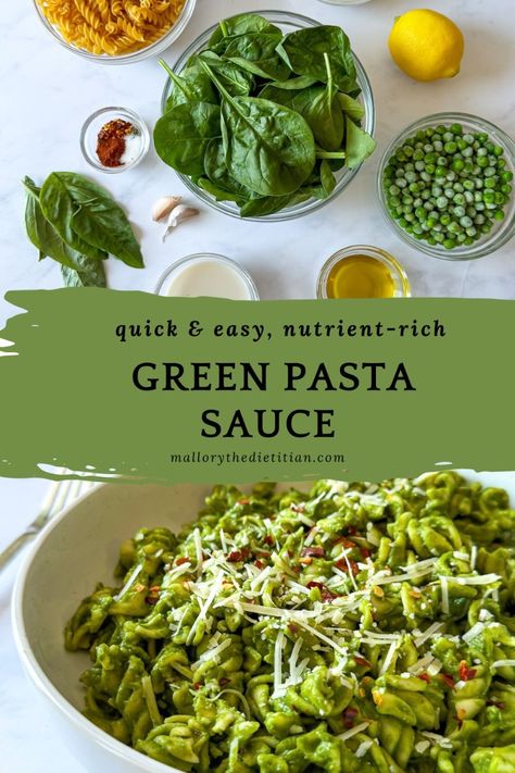 This Easy Green Pasta Sauce is creamy comfort in a bowl and comes together in just 10 minutes! 🙌🏻 The best part is that it's made with fresh ingredients like green spinach, and green peas which are rich in plant protein, and fresh basil. This healthy green pasta sauce is a quick & easy weeknight dinner and a great hidden veggie recipe for picky eaters. Click to make this easy pasta sauce recipe and follow for more nutritious recipes from a dietitian like this homemade pasta sauce recipe. Pasta With Spinach Sauce, Aip Recipes For Picky Eaters, Homemade Veggie Pasta Sauce, Easy Veggie Pasta Sauce, Vegetable Sauce Recipe, Green Dinner Recipes, Healthy Homemade Pasta Sauce, Veggie Sauce Pasta, Healthy Green Recipes