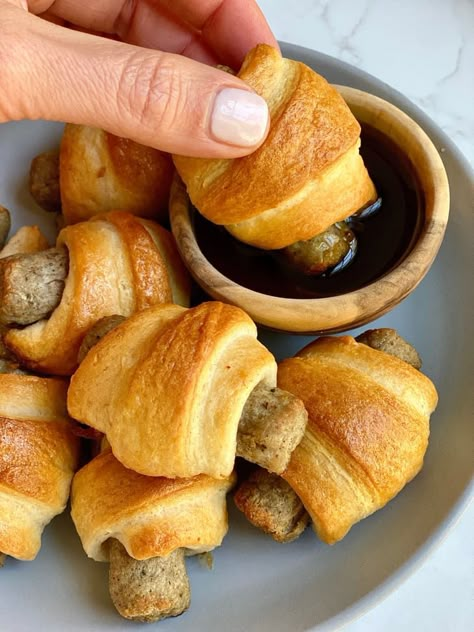 Breakfast Pigs in a Blanket (Sweet or Savory) | The Kitchn Breakfast Pigs In A Blanket Recipe, Breakfast Tailgate Food, Breakfast Pigs In A Blanket, Breakfast Sausage Links, Mini Breakfast, Quick Baking, Thanksgiving Breakfast, Breakfast Crescent Rolls, Christmas Morning Breakfast