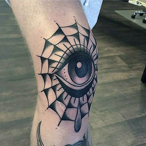 Eye Spider Web Knee Tattoos For Men Kneecap Spiderweb Tattoo, Cool Knee Tattoos For Men, Spiderweb Knee Tattoo Traditional, Halloween Knee Tattoo, Men’s Around Knee Tattoo, Spider Web Around Elbow Tattoo, Spider Web Knee Tattoo, Traditional Spider Web Tattoo Knee, Knee Tattoo Design