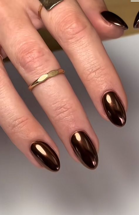 Cute Nails With Chrome, Bronze Glazed Nails, Brown Sugar Spice Nails, Brown Nails Gold Accent, Brown Gold Chrome Nails, Chrome Nail Swatches, Mocha Brown Chrome Nails, Brown Nails With Pearl Chrome, Fall Nail Inspo Chrome