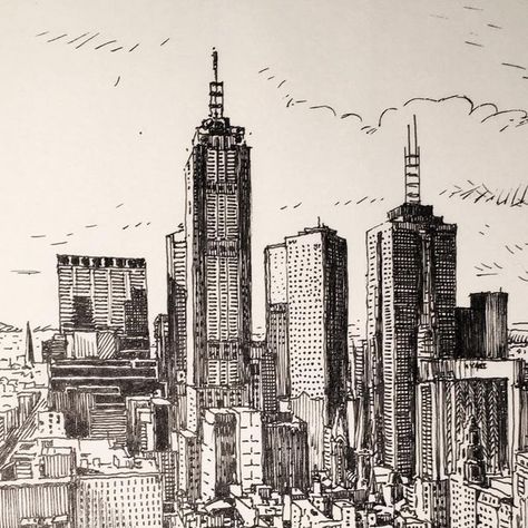 Cityscape Ink Drawing, New York Landscape Drawing, Pen Sketches Architecture, Dubai Skyline Drawing, Sketching Cityscapes, Big City Drawing, Modern City Drawing, City Background Drawing, Skyscraper Sketch