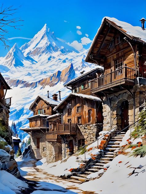 Snow Village Fantasy Art, Fire Village, Medieval Background, Village Drawing, Anime Land, Seed Art, Alpine Village, Winter Village, Snow Art