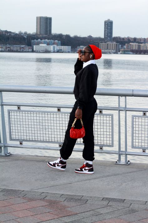 Bloodline 1s Jordan 1s red black white classy collar sweatsuit sweatshirt black glasses nyc airpods bougie cute classy Bloodline 1s Outfit, Bloodline 1s, 1s Outfit, Follow Me, Normcore