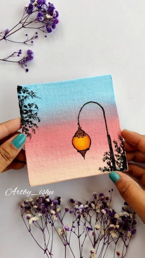 Easy Things To Paint On Canvases Aesthetic, Colourful Painting Ideas, Pastel Painting Aesthetic, Cuadros Aesthetic, Art Ideas Aesthetic, Lamp Painting, Lamp Sunset, Country Lamp, Sky Art Painting