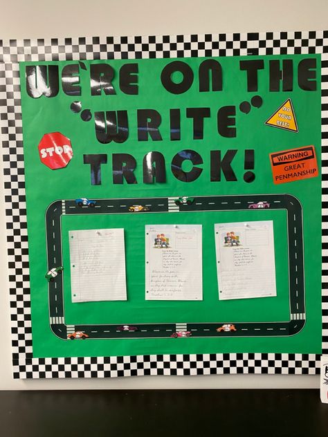 Car Classroom Theme, Car Bulletin Board, Cars Classroom Theme, Car Theme Classroom, Racing Bulletin Board Ideas, Race To The Finish Line Bulletin Board, Race Writing Bulletin Board, Race Car School Theme, Racing Theme Classroom