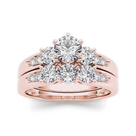 1 1/2 CT. T.W. Diamond 3-Stone 14K Rose Gold Bridal Set Rose Gold Bridal Set, Three Stone Diamond, Bridal Engagement Rings, Bridesmaid Jewelry Sets, Diamond Bridal Sets, Beautiful Engagement Rings, Engagement Ring Set, Bridal Gold Jewellery, Vintage Engagement