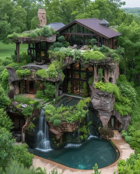 Tree House Mansion, House Design Nature, Nature Mansion, Big Tree House, Cliff House Architecture, Unique Modern House, Coolest Houses, Forest Houses, Fairytale Houses