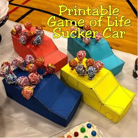 Add a fun party favor or statement piece to your Game night dessert table with this printable Game of Life car.  Game car holds 6 suckers so it looks like the actual game piece but instead is a great addition to your Game Night party. Game Night Desserts, Game Night Decorations, Life Size Games, Game Night Party, Sucker Holder, Life Board Game, Car Printable, Board Game Themes, Night Dessert