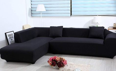 Amazon.com: WOMACO L Shape Sofa Covers Sectional Sofa Cover 2 pcs Stretch Sofa Slipcovers for L-Shape Couch - Black: Home & Kitchen Black Sectional Couch, Black Sectional, Black Couches, Sofa Throw Cover, Sectional Couch Cover, Sofa Slipcovers, Sectional Furniture, Shaped Sofa, L Shaped Couch