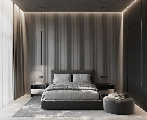 #AESTHETIC_TR on Behance Bedroom Aesthetic Dark, Slatted Wall, Dark Wood Bedroom, Add Aesthetic, Brick Wall Paneling, Stone Wall Cladding, Stylish Bedroom Design, Minimal Bedroom, Oak Wall