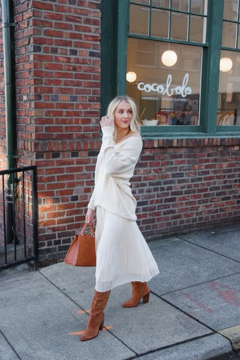 Fall Midi Dress Cowboy Boots, Tall Boots With Midi Dress, Midi Skirt And Tall Boots Outfit, Long Skirt With Tall Boots, Skirts With Tall Boots, Camel Tall Boots, Midi Dress Fall Outfit Boots, Midi Dress Cowboy Boots Outfit, Dresses And Tall Boots