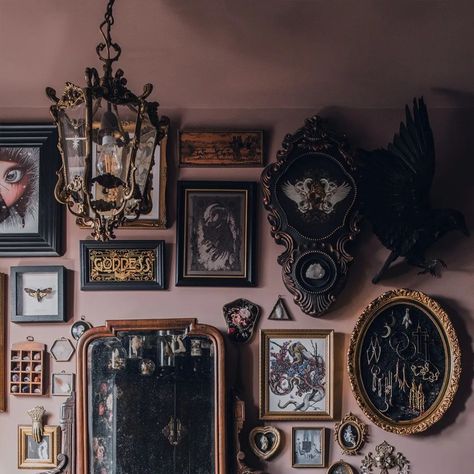 Gothic Feature Wall, Dark Gallery Wall, Gothic Gallery Wall, Moody Maximalist, Moody Home Decor, Cleaning The House, Harry Potter Room Decor, The Way I Am, Moody Decor