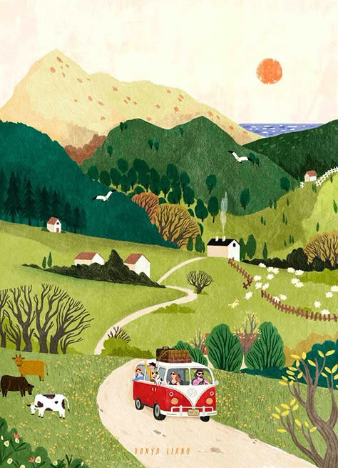 Country Side Illustration, Country Landscape Drawing, Farmland Illustration, Cute Landscape Drawing, Roads Illustration, Hills Illustration, Illustrated Landscape, Countryside Illustration, Hill Illustration