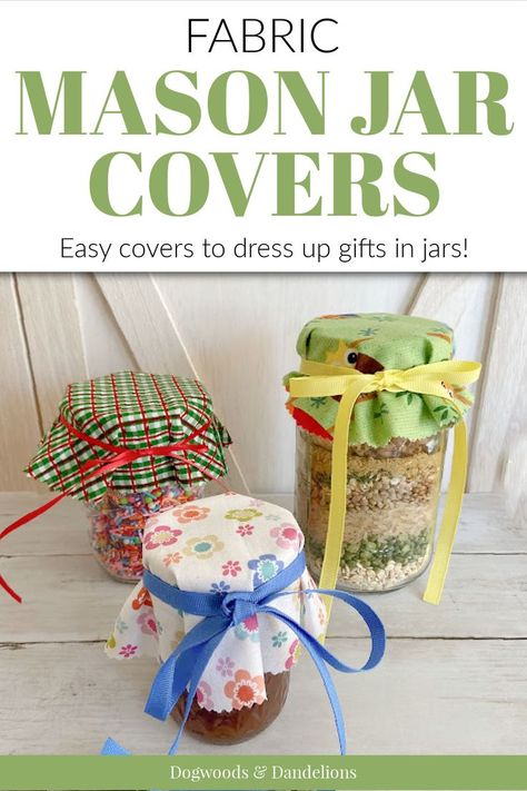 How To Decorate A Mason Jar Gift, Mason Jar Covers Fabric Diy, Jam Jar Decorations Ideas, Gifts In Mason Jars, Fabric Jar Covers, Decorating Mason Jars, Mason Jar Toppers, Decorating Jars, Jam Jar Crafts