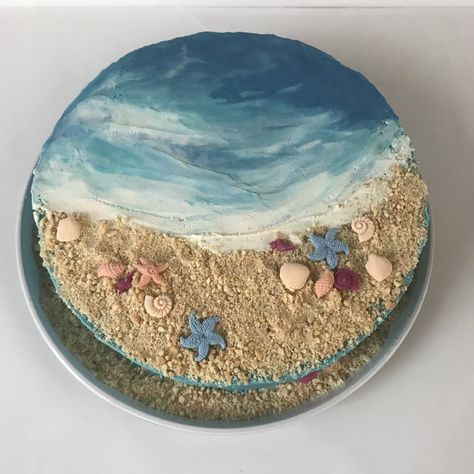 Ocean Cake Aesthetic, Ocean Cake Ideas Simple, Beach Birthday Cake Ideas, Birthday Cake Ocean Theme, Water Theme Cake, Beach Sheet Cake, Ocean Beach Cake, Birthday Cake Ocean, Beach Cake Ideas