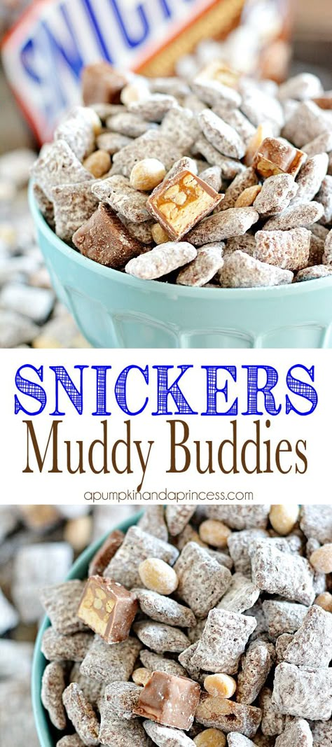 Snickers Muddy Buddies apumpkinandaprincess.com Homemade Mason Jar Gifts, Snickers Bites, Chex Recipes, Handicraft Ideas, Muddy Buddies Recipe, Chow Recipe, Recipes Bbq, Puppy Chow Recipes, Chex Cereal