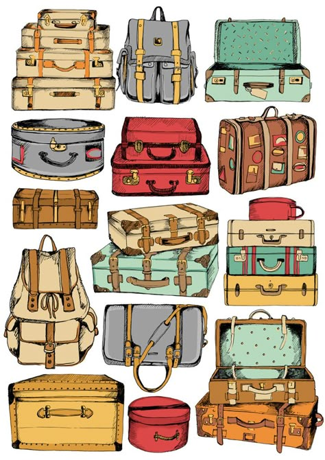 Suitcase Doodle, Bag Reference, طوابع بريد, Sketch Note, طابع بريدي, Bag Illustration, Travel Drawing, Stickers Kawaii, Vintage Printables