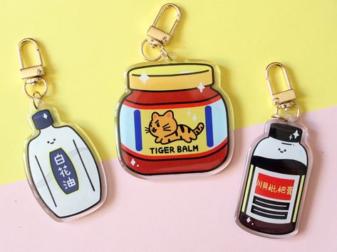 Acrylic Keychain Character, Keychain Japanese, Asian Medicine, Chinese Keychain, Cute Japanese Keychains, Kwai Anime Keychain, Tiger Balm, Shrink Paper, Stickers Ideas