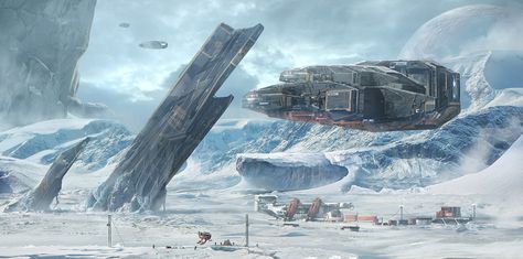 Winter Spaceport Scene 1 Batman: Arkham Origins, Ice Planet, Novel Game, Sci Fi Wallpaper, Batman Arkham Origins, Graphisches Design, Science Fiction Illustration, Planets Art, Spaceship Art