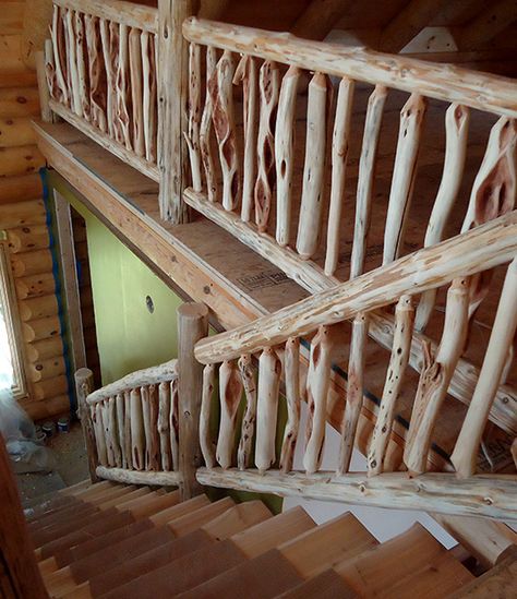 Canada Dream, Loft Railing, Rustic Staircase, Rustic Stairs, Cabin Loft, Log Home Interiors, Log Cabin Kits, Wood Railing, Log Cabin Decor