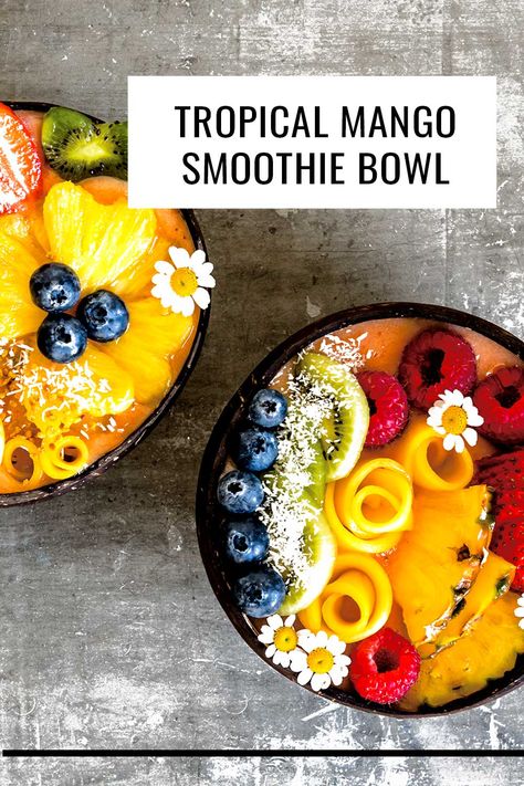 Tropical smoothie bowl recipe with plant-based whole foods. Tropical Smoothie Bowl, Plant Based Smoothies, Strawberry Mango Smoothie, Smoothie Bowl Recipe Healthy, Freezer Smoothies, Mango Smoothie Bowl, Acai Bowls Recipe, Best Green Smoothie, Plant Based Whole Foods