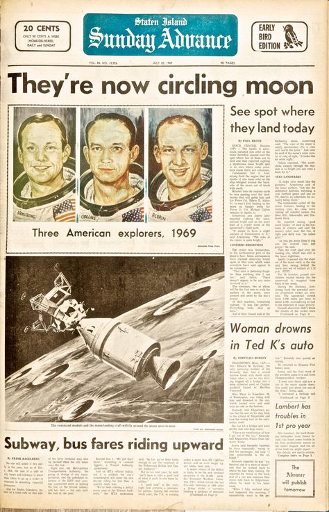 Newspaper article about July 20, 1969. Old Newspaper Articles, 60s Newspaper, News Articles Newspaper, Headline News, Newspaper Front Pages, Apollo Space Program, Newspaper Headlines, Historical Newspaper, Apollo Missions