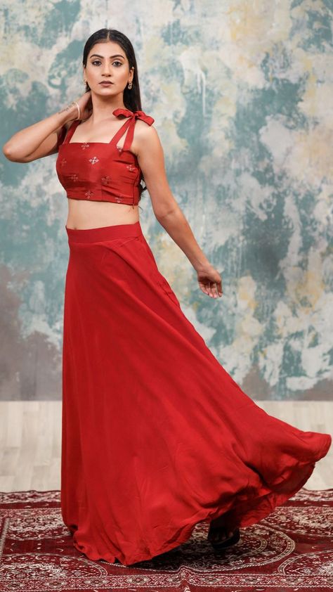 Rust red tie up blouse with all over butta and a double flared umbrella skirt, comes with soft inner lining Tie Up Blouse, Umbrella Skirt, Red Lehenga, Red Tie, Dreamy Dress, Tie Dye Skirt, Waist Skirt, Lehenga, Two Piece Skirt