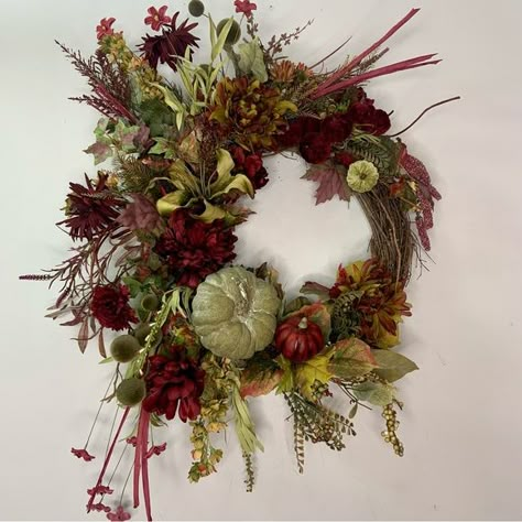 Fall Floral Wreath In Burgundy And Green Brings A Rich Vibrant Look To Your Fall Home Decor. Traditional With A Contemporary Look Will Look Gorgeous In Your Entryway Or Door Or Dressing Up A Wall In Your Home. An Abundance Of Florals Including Peonies Bi Colored Spider Mums, Gerbera Daisies And More Were Used In The Wreath Design. Design Was Created On An Eighteen Inch Grapevine Base. Stems Of Leaves And Wildflowers Are Woven Throughout The Design. Fall Means Pumpkins And There’s Stems Of Burgun Burgundy Pumpkin Decor, Fall Lobby Decor, Grape Vine Wreaths Fall, All Occasion Wreaths, Pink Wreaths, Christmas Floral Decor, Fall Floral Wreath, Elegant Fall Wreaths, Fall Wreaths For Front Door