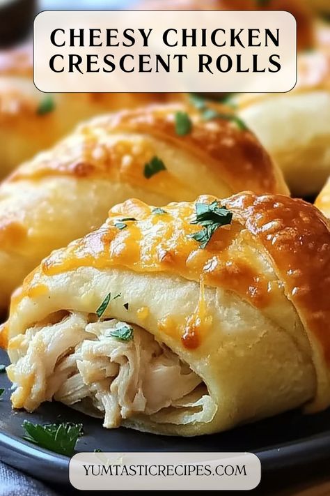 These cheesy chicken crescent rolls are buttery, flaky, and filled with creamy chicken goodness! Ready in under 30 minutes, they're perfect for snacks, dinners, or party appetizers. Click to discover the easiest way to make this irresistible dish!  #EasyRecipes #ChickenCrescentRolls #CheesyGoodness #QuickSnacks #ComfortFood Eat Supper Ideas, Chicken Breast Roll Recipes, Chicken Croissants Rolls, Best Easiest Dinner Recipes, Easy Family Snacks, Dinner Ideas For Shredded Chicken, Cheesy Chicken Croissant, Shredded Chicken And Crescent Rolls, Rotisserie Chicken Crescent Rolls