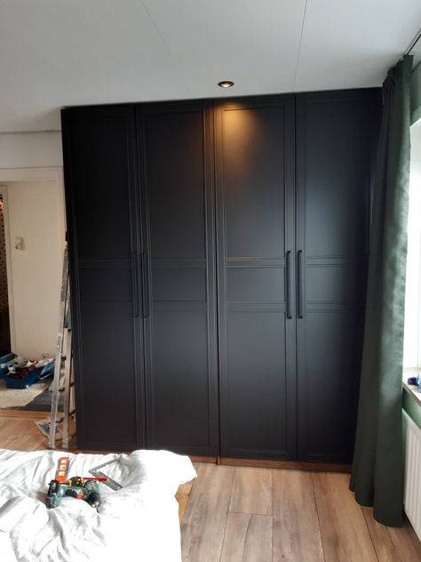 Dark Wardrobe Bedroom, Black Wardrobe Bedroom, Black Wardrobes, Corner Mirrors, Black Wardrobe Closet, Modern Closet Designs, Attic Wardrobe, Black White Bedrooms, Black Bedroom Design