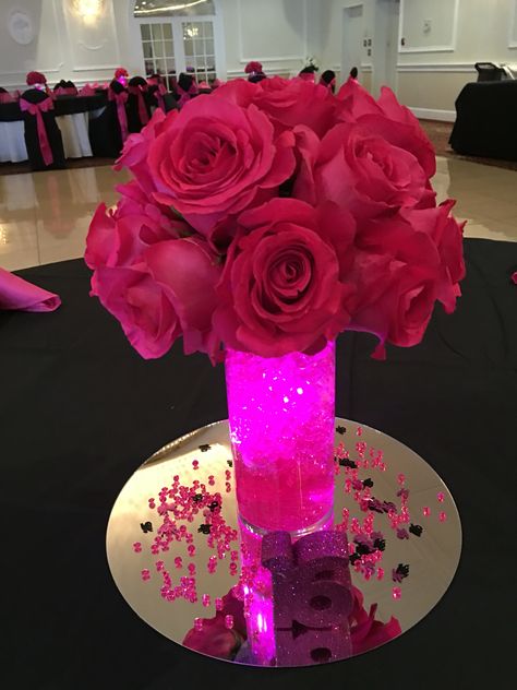 Hot Pink And Black Dessert Table, Hot Pink Party Table Decor, Simple Sweet 16 Centerpieces, 50 Shades Of Pink Cake Ideas, Pink Party Centerpiece Ideas, Centerpieces For Party Pink, Sweet Sixteen Table Centerpieces, Pink Sweet 16 Centerpieces, Pink Graduation Party Centerpieces