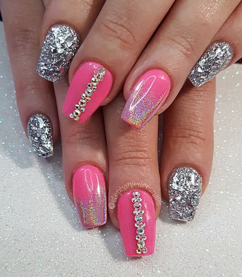 Bright Pink And Silver Nails, Hot Pink And Silver Nails, Pink And Silver Nails, Barbiecore Nails, All Nails, Nail Designs Glitter, Pink And Silver, Silver Nails, Fancy Nails