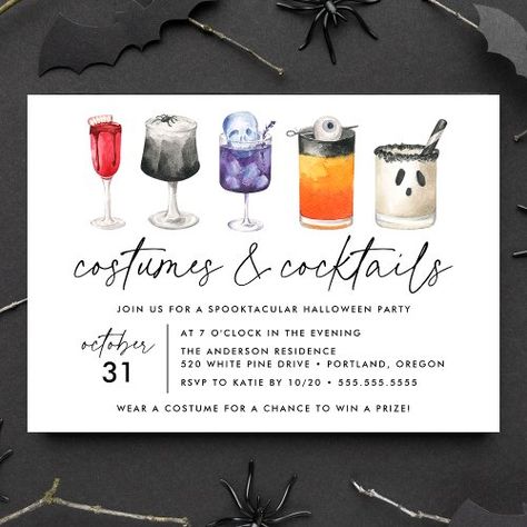 $1.98 | Watercolor Costumes and Cocktails Halloween Party #costumes and cocktails, adult halloween party, halloween cocktails, halloween cocktail party, watercolor cocktails, modern halloween party invites, candy corn, ghost, skull, colorful Vampire Spider, Costumes And Cocktails, Watercolor Cocktails, Spooky Cocktails, Halloween Cocktail Party, Halloween Juice, Spider Skull, Modern Halloween, Halloween Party Invitation