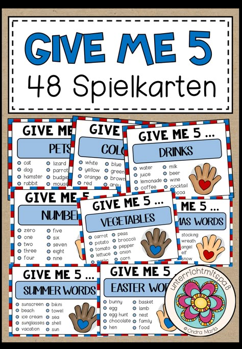 GIVE ME FIVE - 48 Spielkarten (in Farbe + s/w) – Unterrichtsmaterial im Fach Englisch Summer Words, Give Me Five, English Games, Primary School Teacher, Speaking Activities, Green Beer, Bunny Basket, Blue Milk, Grammar And Vocabulary