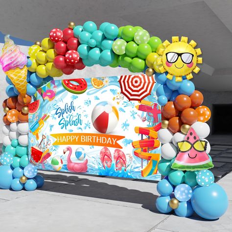 PRICES MAY VARY. 【PACKAGE INCLUDED】156PCS - Splish Splash party themed Happy Birthday large backdrop(71x43.3in), Blue balloon(18"×2,10"×25,5"×4),Light Blue Balloon(10"×25,5"×4), Green/Red/Yellow/White/Orange balloon (10"×10,5"×4), Gold balloon (5"×10),Polka dot balloon x12, Ice cream Balloon x 1, Watermelon balloon x 1,Sun balloon x 1, Balloon tying tool x 1, 16ft long balloon strip x 1, 100pcs balloon dot glue x 1, Instructions x1. 【HIGH-QUALITY】 Our pool party decorations balloon garland are m Sun Balloon, Kids Pool Party Birthday, Splish Splash Party, Hawaii Birthday Party, Hawaii Birthday, Garden Backdrop, How To Make Garland, Pool Party Kids, Polka Dot Balloons