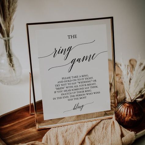 $11.00 | Elegant Black Calligraphy The Ring Game Sign #elegant don't say bride game, simple bachelorette party activity, calligraphy bridal shower decor, fall the ring game, dramatic wedding shower game, white black bridal shower sign, neutral bridal shower ring game, modern chic, romantic minimalist k023, whimsical typography Gatsby Bridal Shower Ideas, Bridal Shower Neutral, Bachelorette Party Activities, Perfect Bridal Shower Gift, Bride Game, Whimsical Typography, Cake Lettering, Black Calligraphy, Shower Rings