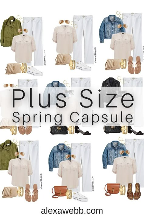 Plus Size Spring Casual Capsule Wardrobe - Part 2 with an essential list of plus size spring clothing - 16 pieces with countless outfits - Alexa Webb Cute Spring Plus Size Outfits, Plus Size Spring Capsule Wardrobe, 2024 Plus Size Outfits, Plus Size Fashion Spring Ideas, Spring Summer Capsule Wardrobe 2023 Plus Size, Spring 2024 Outfits Plus Size, Plus Size Capsule Wardrobe Summer, Spring Fashion 2024 Plus Size, Casual Plus Size Outfits Spring