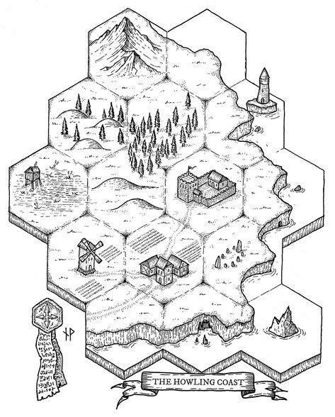 Fantasy and science fiction maps for roleplaying games - Paths Peculiar Cartography Design, Hex Map, Coastal Environment, Map Sketch, Fantasy Map Making, Isometric Map, Fantasy World Map, Hand Drawn Map, Drawn Map