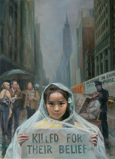 "The Call Of Innocence" created by Xiaoping Chen. This painting represents the strong passion and the consequence of beliefs. This shows the morality and reaction of those to differ with higher power value. Injustices In The World, Wind Of Change, Social Art, Investigative Journalism, Get Educated, Girls Show, Faith In Humanity, Human Rights, Oil On Canvas