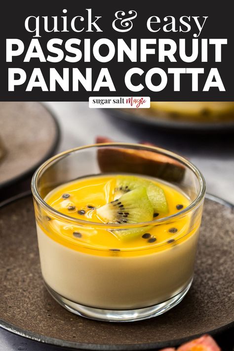 Tangy, creamy and sweet, this passionfruit panna cotta starts with my easy recipe for panna cotta, then passionfruit juice and a passionfruit syrup give this 15-minute Italian dessert a tropical vibe. Passionfruit Dessert, Easy Panna Cotta Recipe, Passionfruit Syrup, Passionfruit Juice, Panna Cotta Tart, Passion Fruit Mousse, Passionfruit Recipes, Panna Cotta Recipe, Italian Dessert