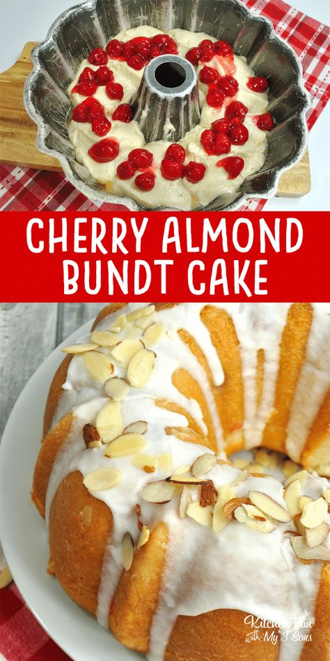 Cherry Almond Bundt Cake, Almond Bundt Cake, Bundt Pan Recipes, Bundt Recipes, Almond Pound Cakes, Summer Potluck, Bundt Cake Recipe, Mini Bundt, Maraschino Cherries