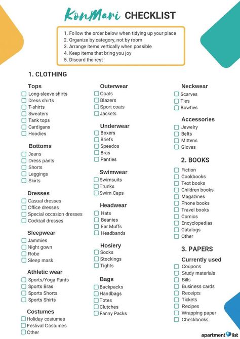 Printable KonMari Checklist: Declutter Your Home With Marie Kondo - Rentonomics Diy Storage And Organization, Marie Kondo Drawer Organizer, Marie Kondo Kitchen, Marie Kondo Folding, Kon Marie, Konmari Checklist, Kon Mari, Konmari Organizing, Collage Dorm