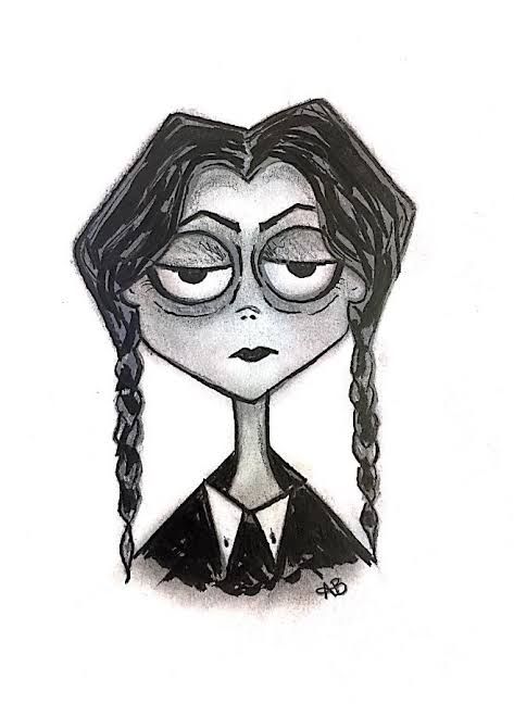 Tim Burton Wednesday Addams Drawing, Wednesday Addams Sketch Art, Tim Burton Sketches Character Design, Tim Burton Female Characters, Wednesday Addams Doodle, Tim Burton Inspired Drawings, Wednesday Drawing Easy, Tim Burton Characters Drawings, Tim Burton Inspired Art