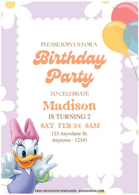 Cool (Free Editable PDF) Lovely Daisy Duck Birthday Invitation Templates Daisy Duck Birthday Party Ideas, Hbd Mom, Daisy Duck Birthday Party, Duck Party Ideas, Daisy Duck Birthday, Daisy Duck Party, Pata Daisy, Minnie Y Daisy, Duck Birthday Party