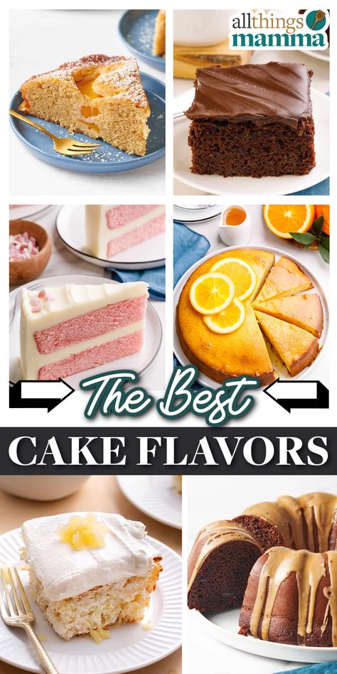 6-image collage of a variety of cake recipes and flavors, including peach cake, chocolate zucchini cake, kahula chocolate cake, pineapple upside down cake, orange cake, pink velvet cake. Cake Combo Flavors, Graduation Cake Flavors, Different Birthday Cake Flavors, Easy Cake Flavors, Different Flavor Cakes, Kid Cake Flavors, Types Of Cakes Flavors, Interesting Cake Flavors, Fun Cake Flavors