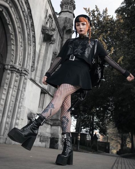 Nugoth Outfits, Metal Concert Outfit, Stocking Outfits, Fishnet Stockings Outfit, Killstar Clothing, Dr Martens Style, October Outfits, Alt Fashion, All Black Outfit